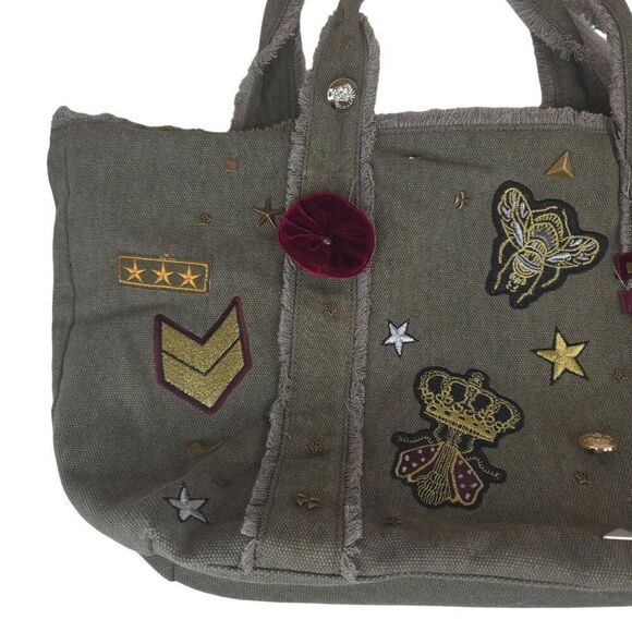 Steve Madden Canvas Military Inspired Tote Bag Patches Green New - Picture 2 of 7